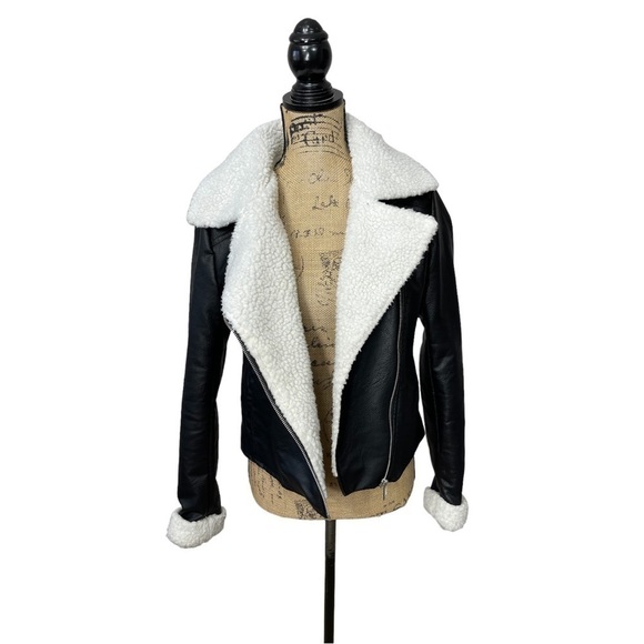 SUNSET & Sixth Faux Leather Moto Sherpa Cropped Jacket - Picture 3 of 12
